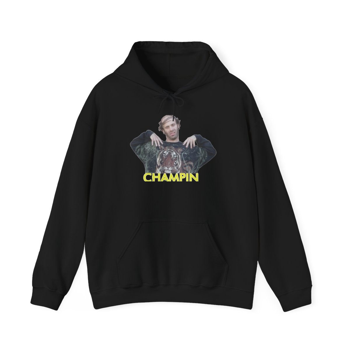 Champion Graphic Hoodie | Vintage Style Photo Print, Yellow Text Nathan Barnatt